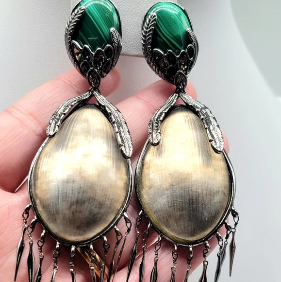 Alexis Bittar Gray Lucite and Malachite Glass Feather Earrings Clip On Silver